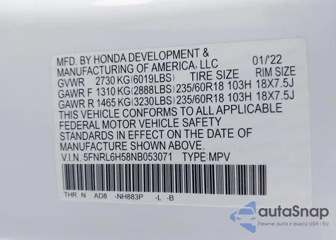 2022 Honda Odyssey Ex z USA, uszkodzony, nr VIN 5FNRL6H58NB053071